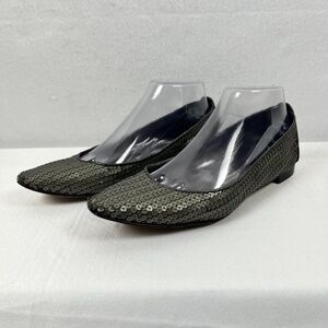 Manolo Blahnik Semi-Pointed Toe Sequin Ballet Flats Leather Trim Silver Size 8.5